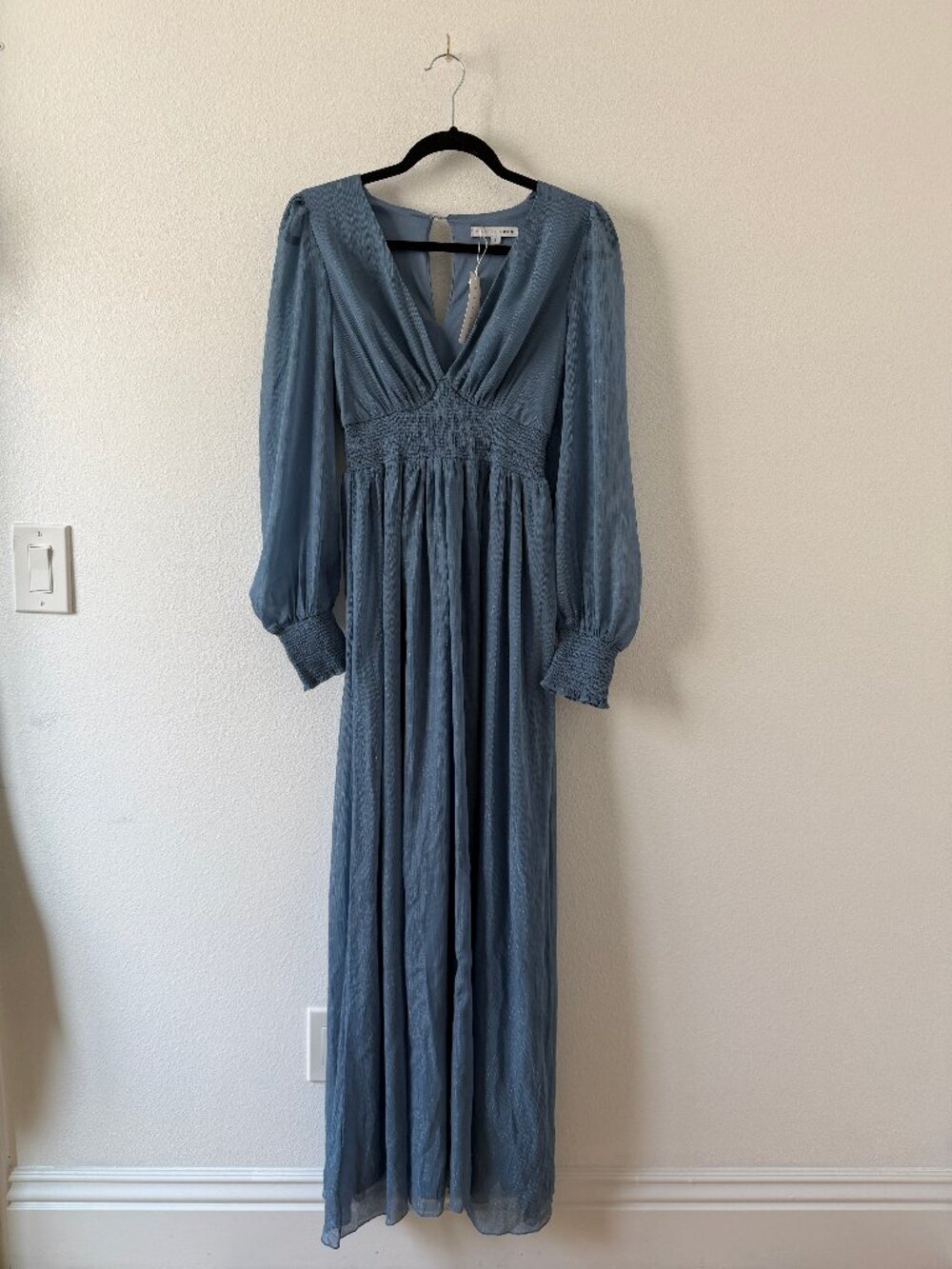 Baltic Born Juliette Maxi Dress NWT Blue Shimmer Long Sleeve Size Small